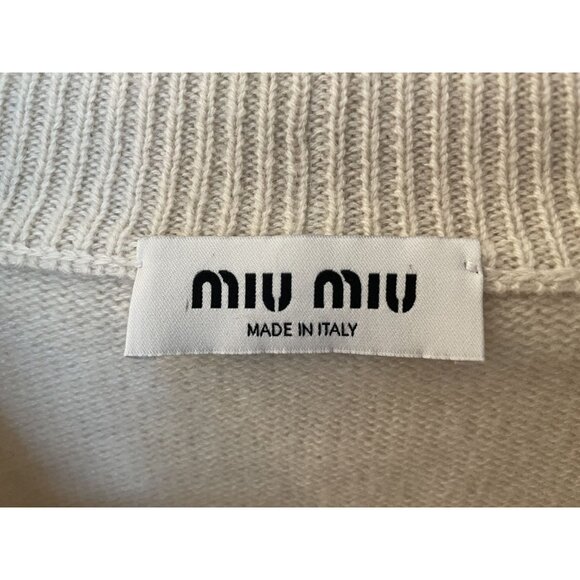 Miu Miu Womens Beige Knit Wool Button-Up Cardigan With Crystal Embellished Logo - Picture 4 of 10